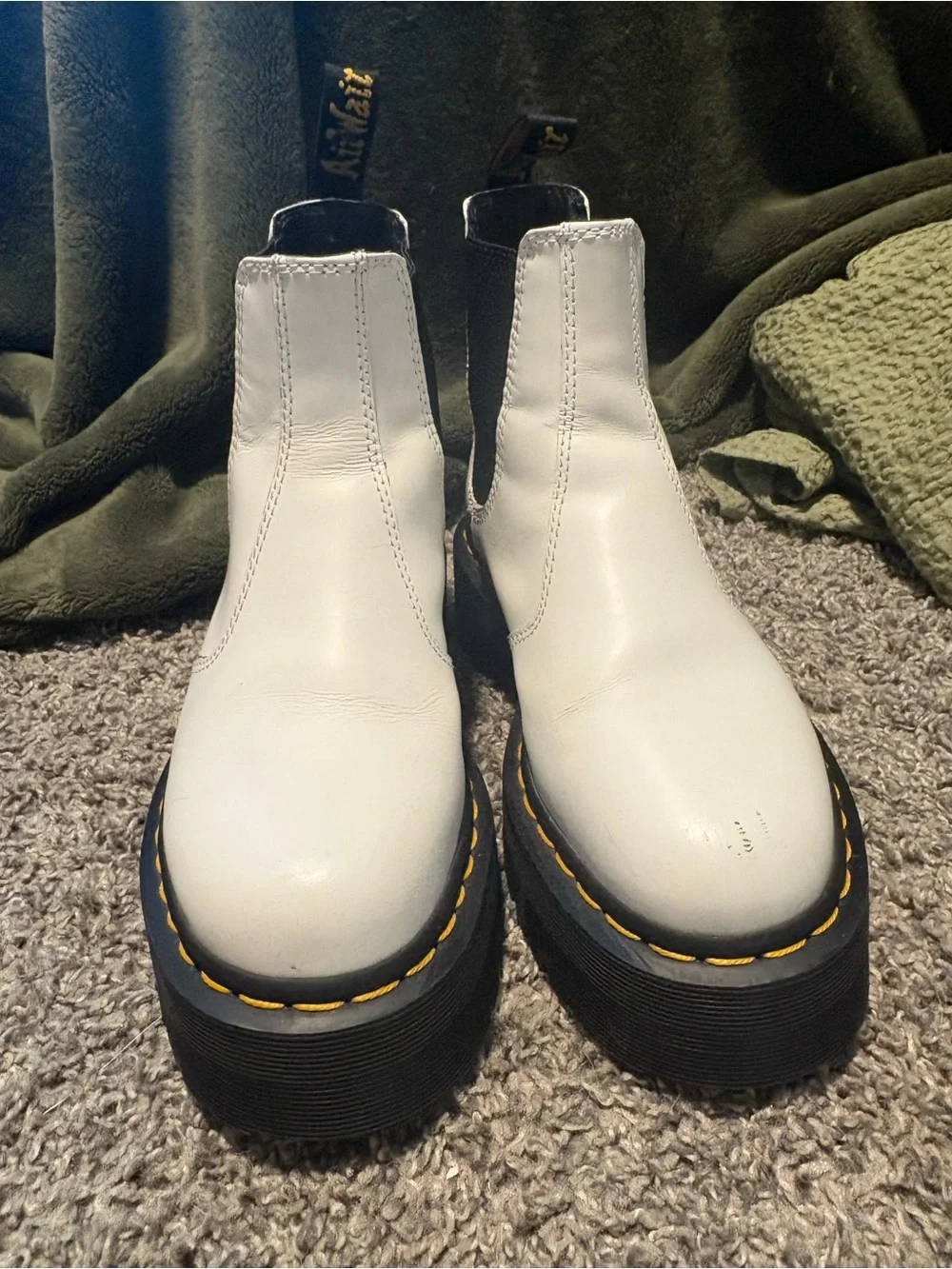 White Platform Chelsea Boots with Yellow Stitching